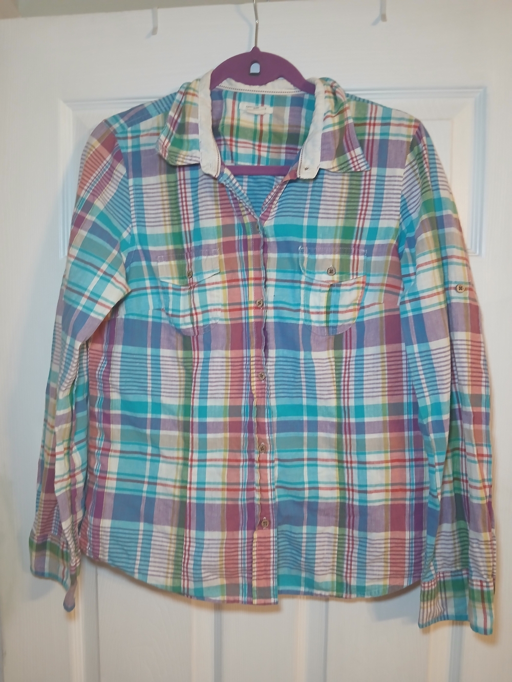 American Eagle Outfitters Plaid Button-Down Shirt in Teal, Purple & White